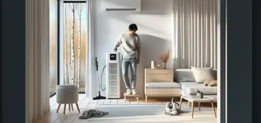 Cleaning a heat pump filter in a norwegian living room during pollen season