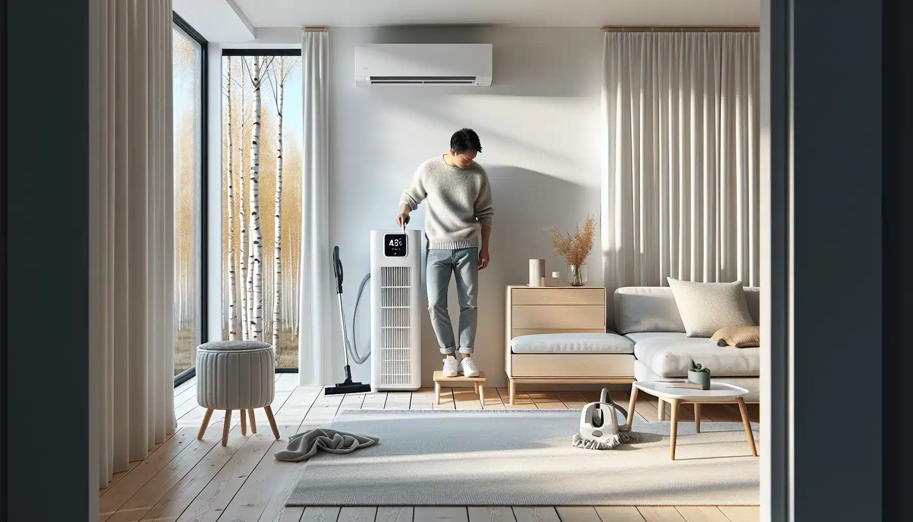 Cleaning a heat pump filter in a norwegian living room during pollen season