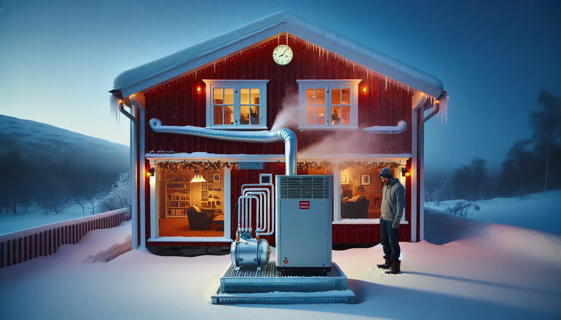 Heat pump warming a norwegian home in deep winter as owner checks app
