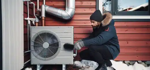 Homeowner brushing frost from elevated heat pump outside a norwegian house