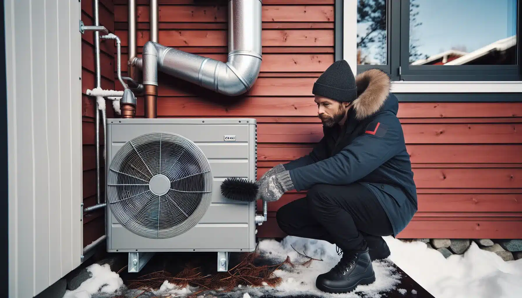Homeowner brushing frost from elevated heat pump outside a norwegian house