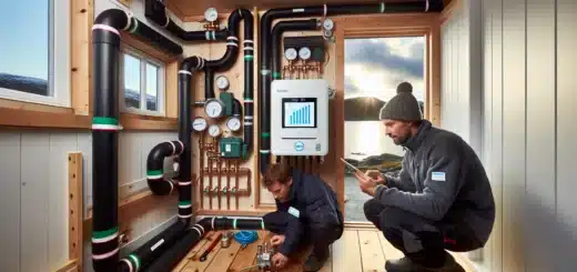 Installer and homeowner review sea source heat pump as pipes run into a norwegian fjord