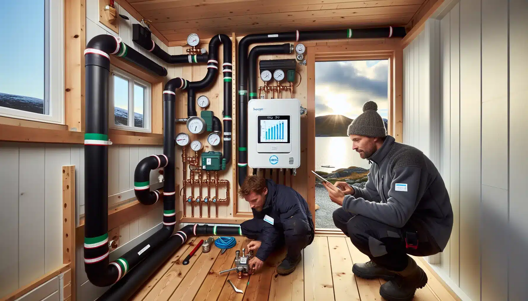 Installer and homeowner review sea source heat pump as pipes run into a norwegian fjord