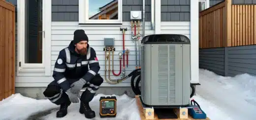 Installer leveling a heat pump on a raised stand with heated drain in snow