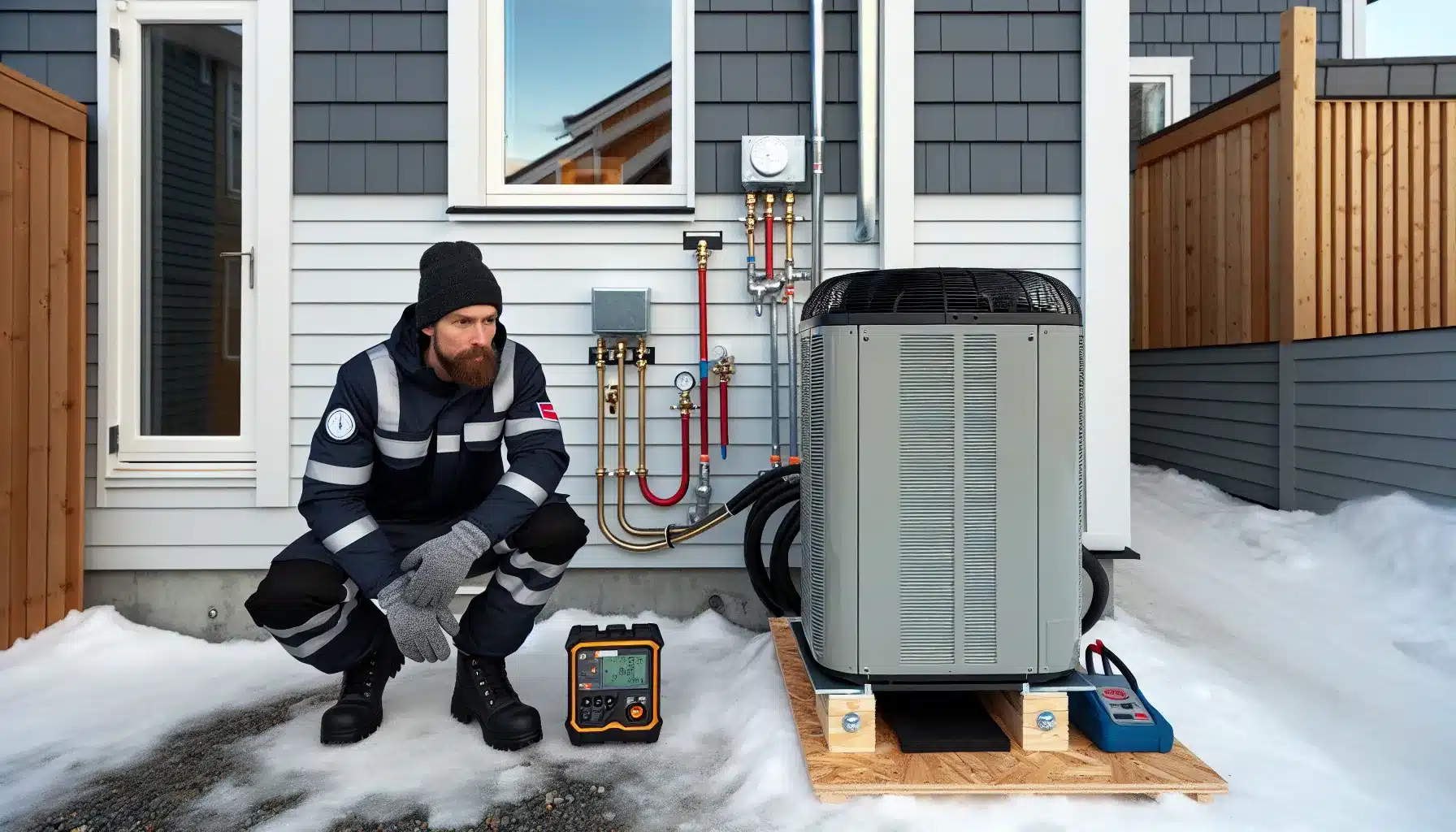 Installer leveling a heat pump on a raised stand with heated drain in snow