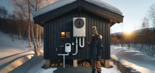 Norwegian cabin with elevated heat pump and owner checking heating app
