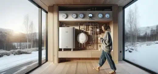 Norwegian home with heat pump and underfloor heating manifold barefoot woman walking