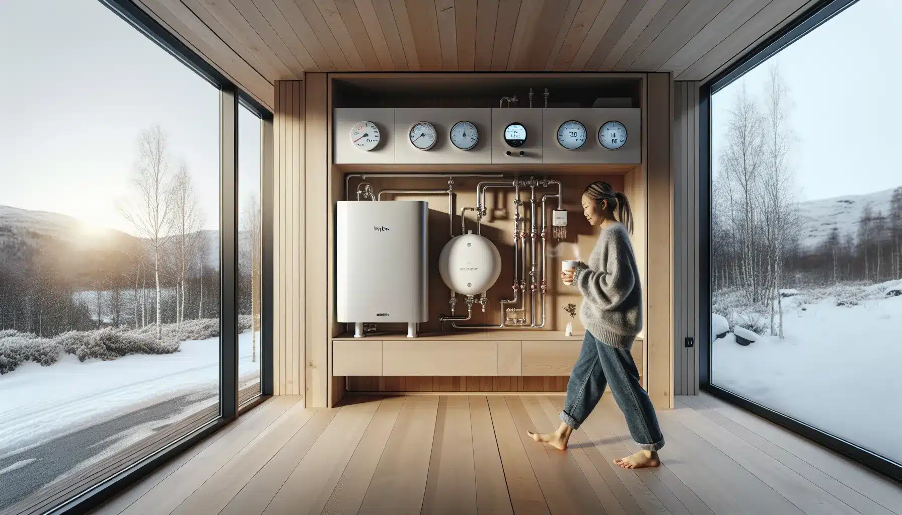 Norwegian home with heat pump and underfloor heating manifold barefoot woman walking