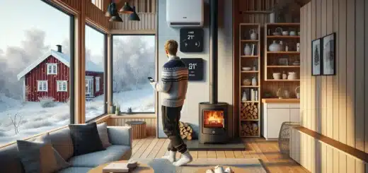 Norwegian homeowner adjusts heat pump for efficient winter heating snow outside