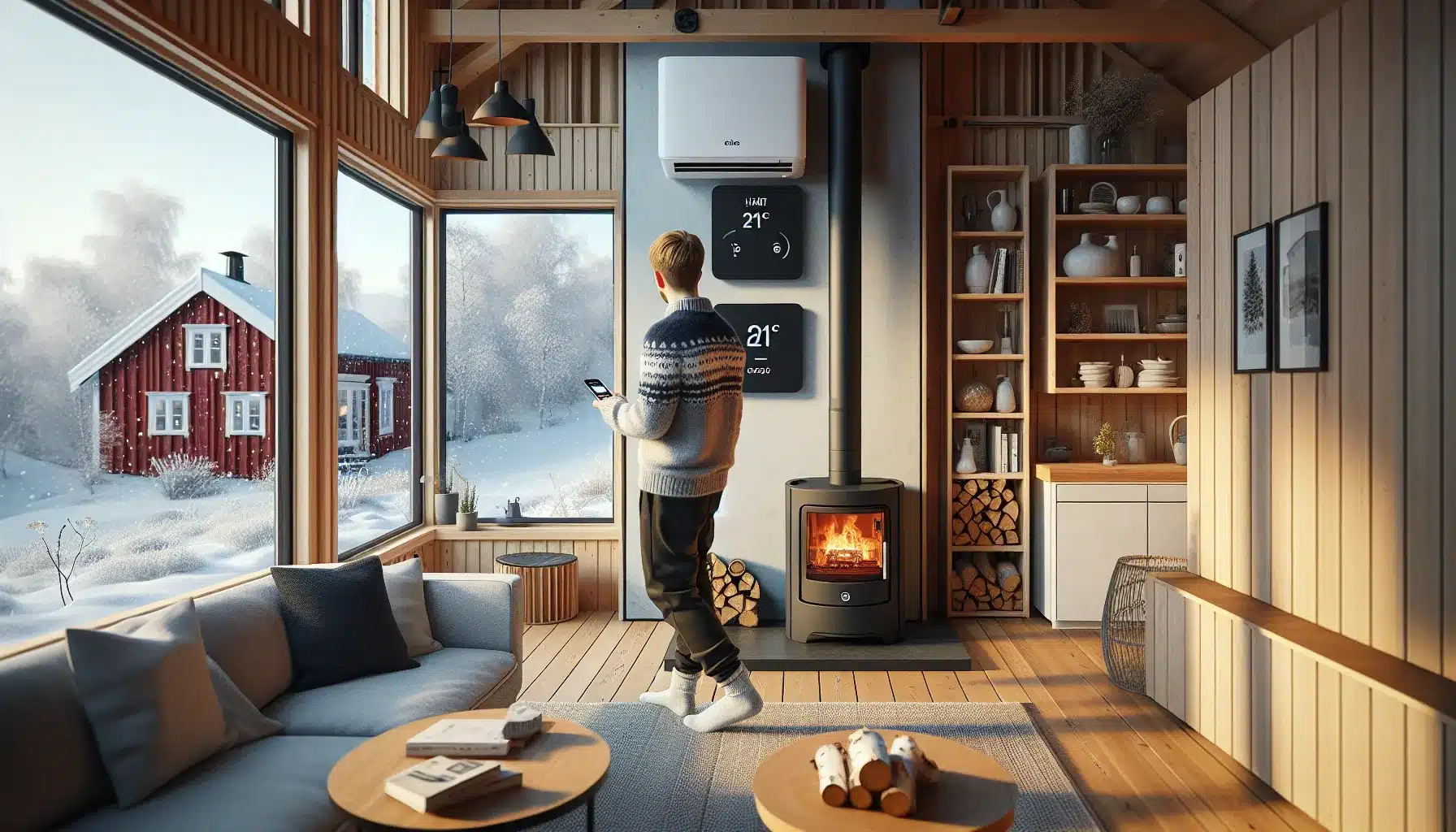 Norwegian homeowner adjusts heat pump for efficient winter heating snow outside