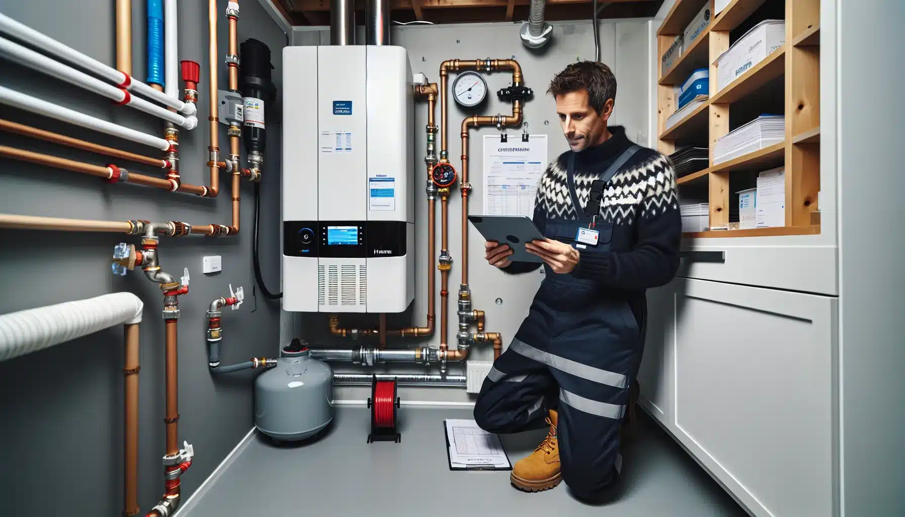 Norwegian homeowner and installer reviewing enova support for waterborne heat pump installation