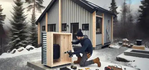 Norwegian homeowner assembling a slatted wooden heat pump cover in winter