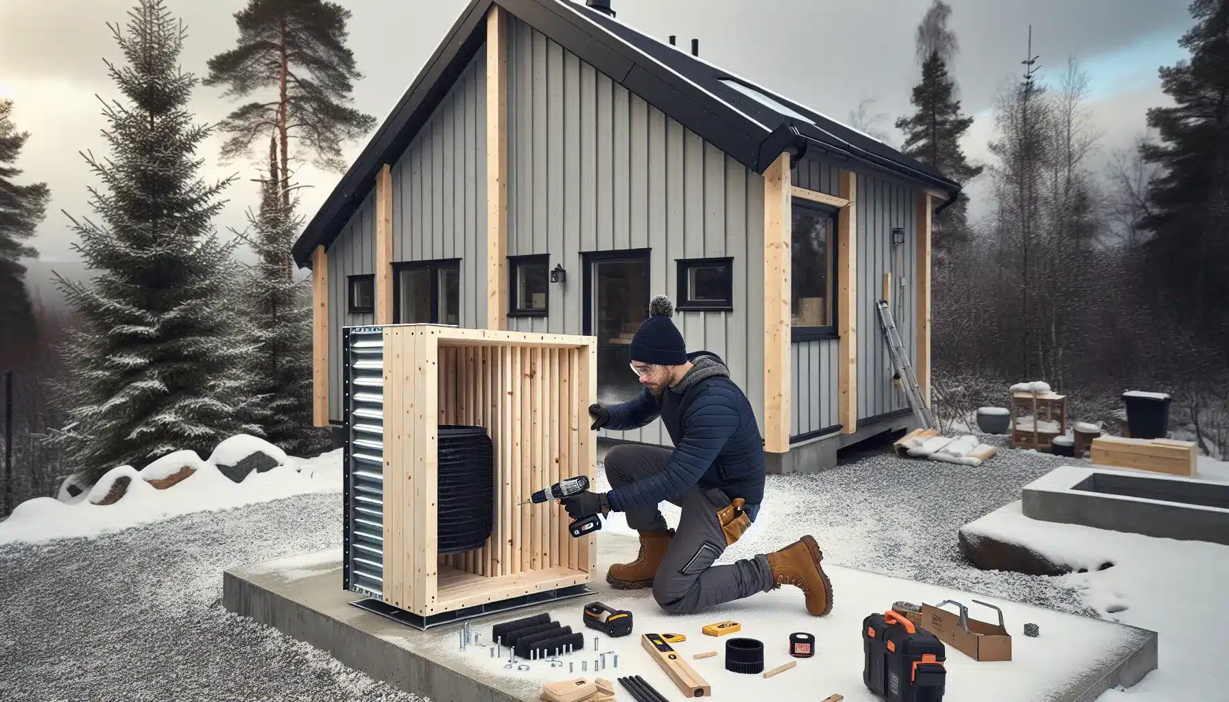 Norwegian homeowner assembling a slatted wooden heat pump cover in winter