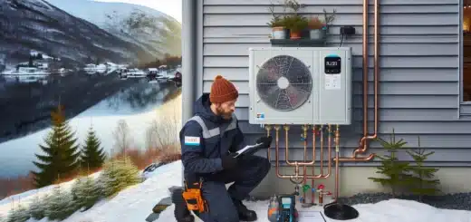 Technician installing an r290 heat pump at a snowy norwegian home
