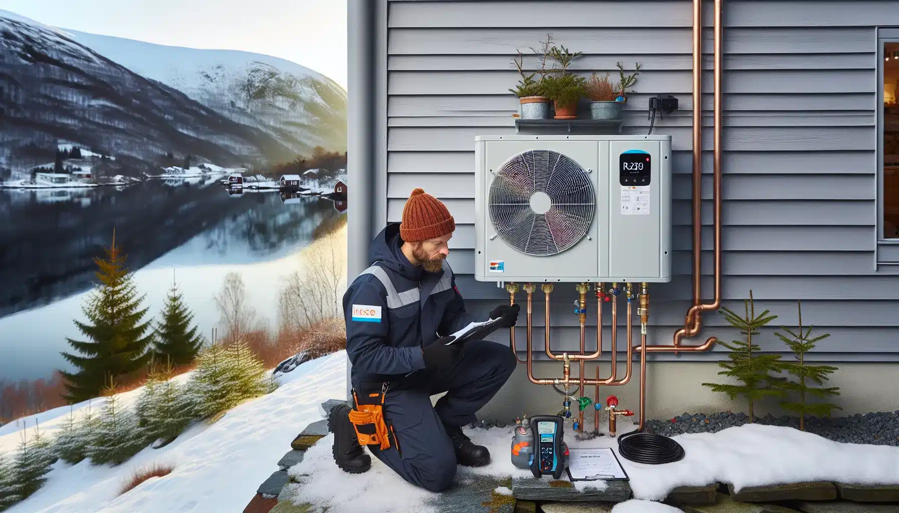 Technician installing an r290 heat pump at a snowy norwegian home