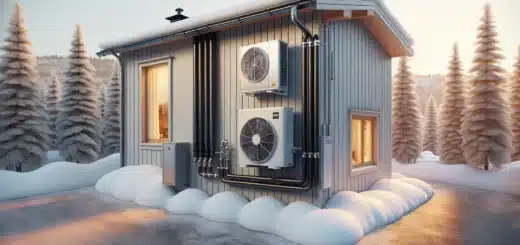 Two outdoor heat pumps on a snowy norwegian house inverter vs traditional