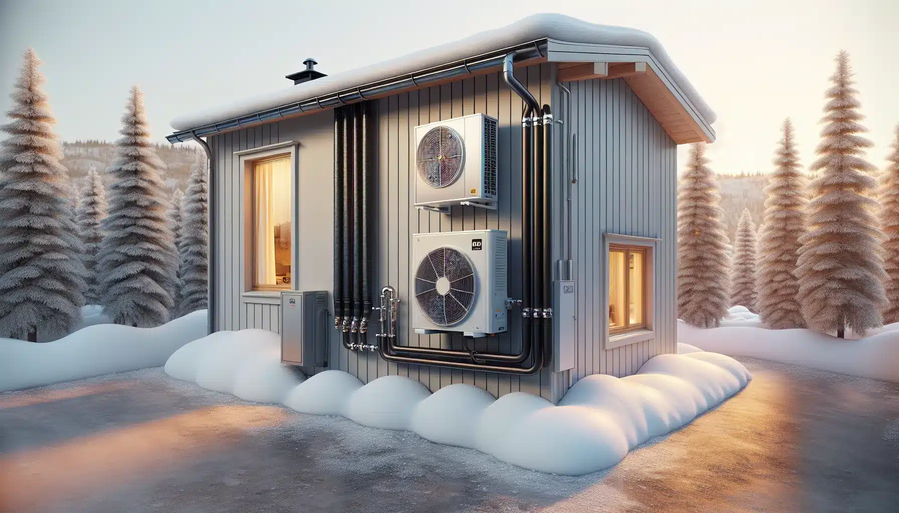 Two outdoor heat pumps on a snowy norwegian house inverter vs traditional