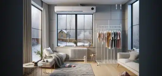 Clothes drying on a rack in front of a heat pump in a norwegian home