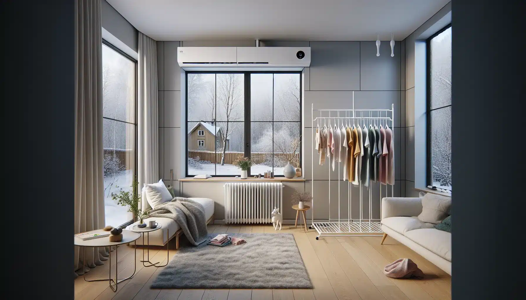 Clothes drying on a rack in front of a heat pump in a norwegian home