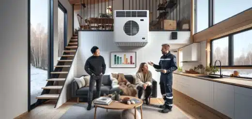 Couple and installer discussing a wall mounted heat pump in a modern open plan home