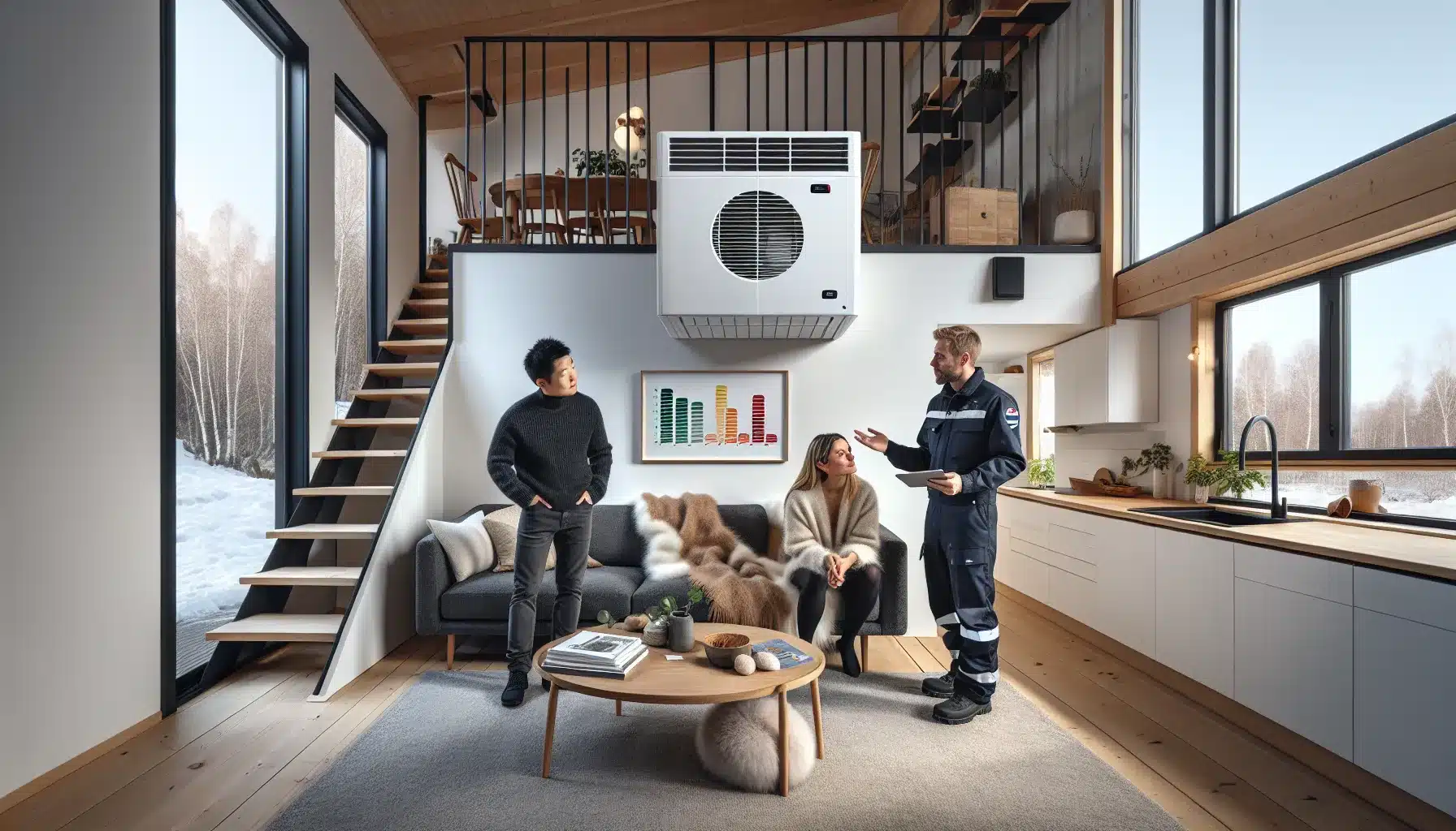 Couple and installer discussing a wall mounted heat pump in a modern open plan home
