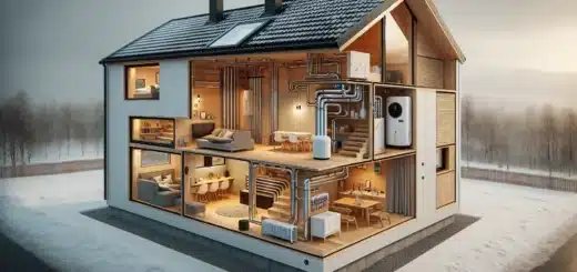 Cutaway of norwegian house showing exhaust air heat pump heating waterborne floors and tap water