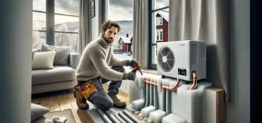 Homeowner insulating heat pump pipes and sealing wall to reduce energy loss