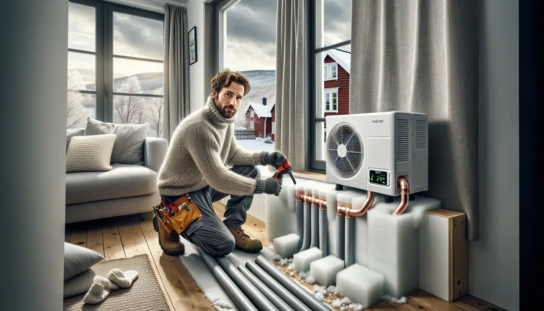 Homeowner insulating heat pump pipes and sealing wall to reduce energy loss