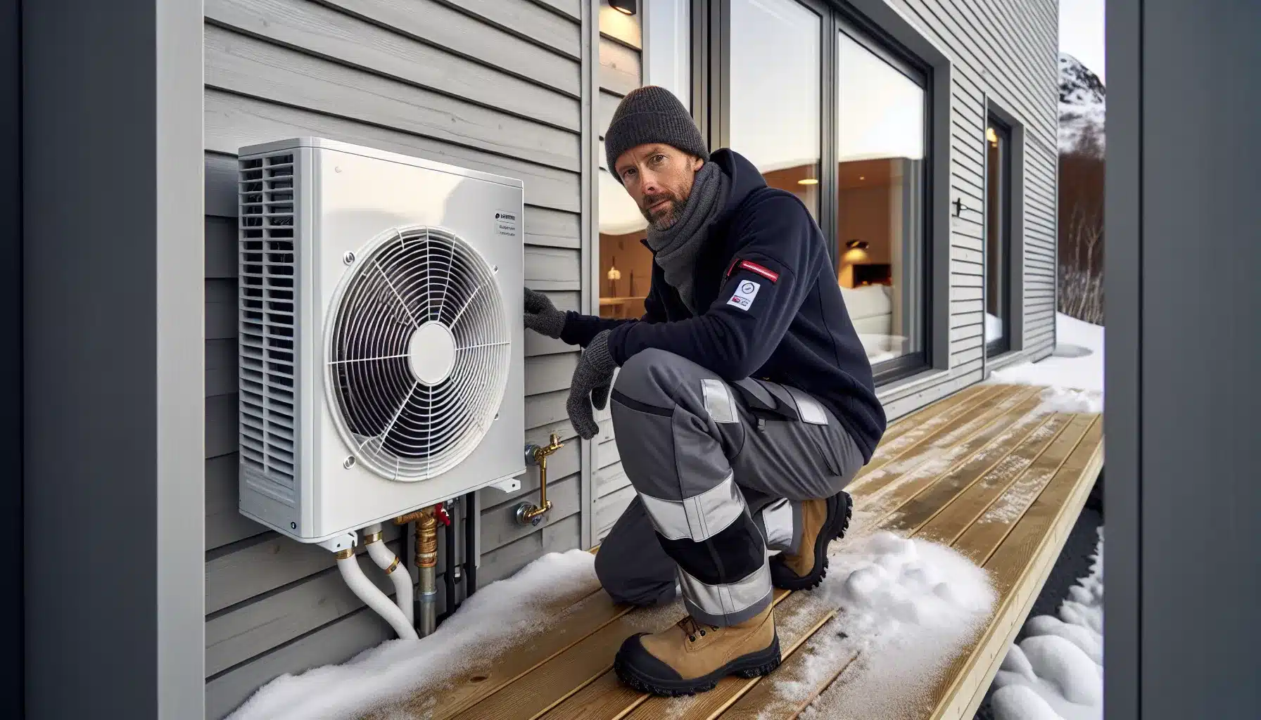 Homeowner maintaining outdoor heat pump unit on snowy norwegian winter day