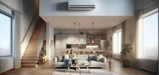 Norwegian family in warm cozy living room with centrally placed wall heat pump
