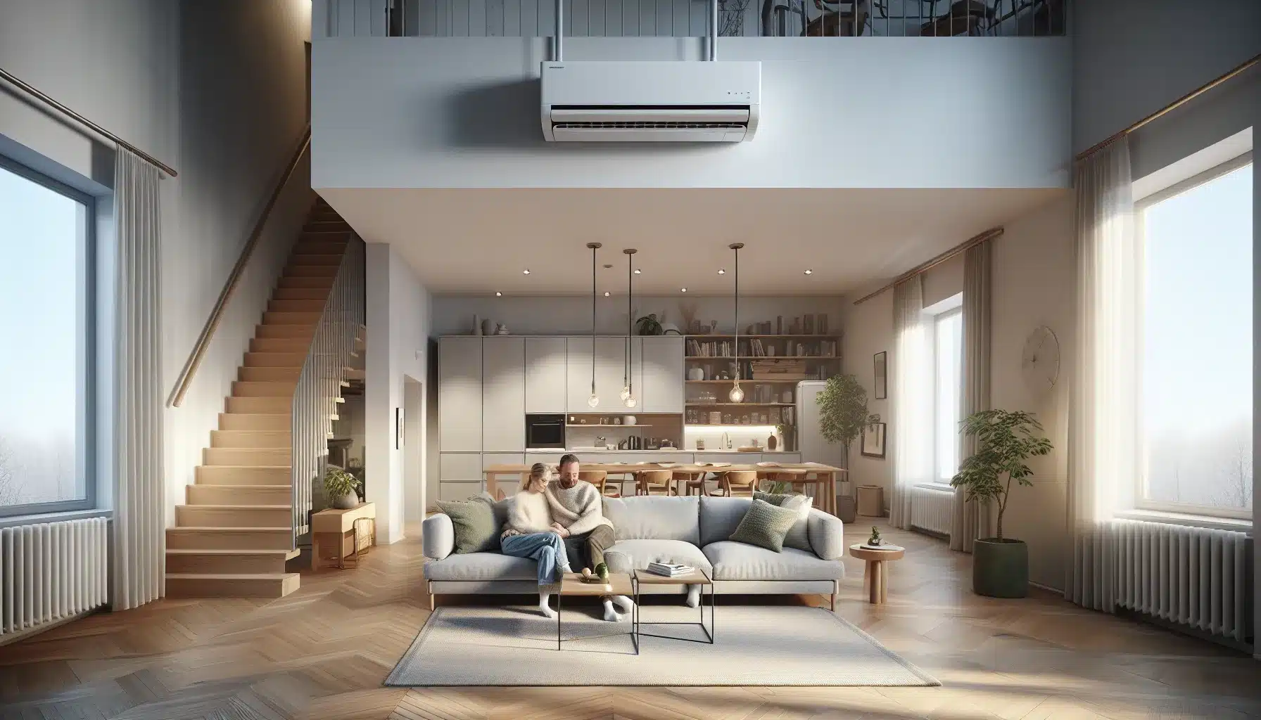 Norwegian family in warm cozy living room with centrally placed wall heat pump