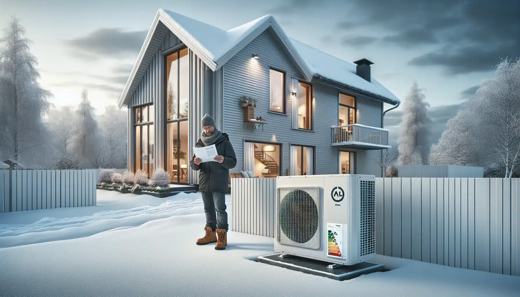 Norwegian homeowner comparing an a heat pump outside a snowy wooden house