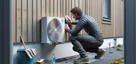 Norwegian homeowner gently cleaning an outdoor heat pump unit with a soft brush