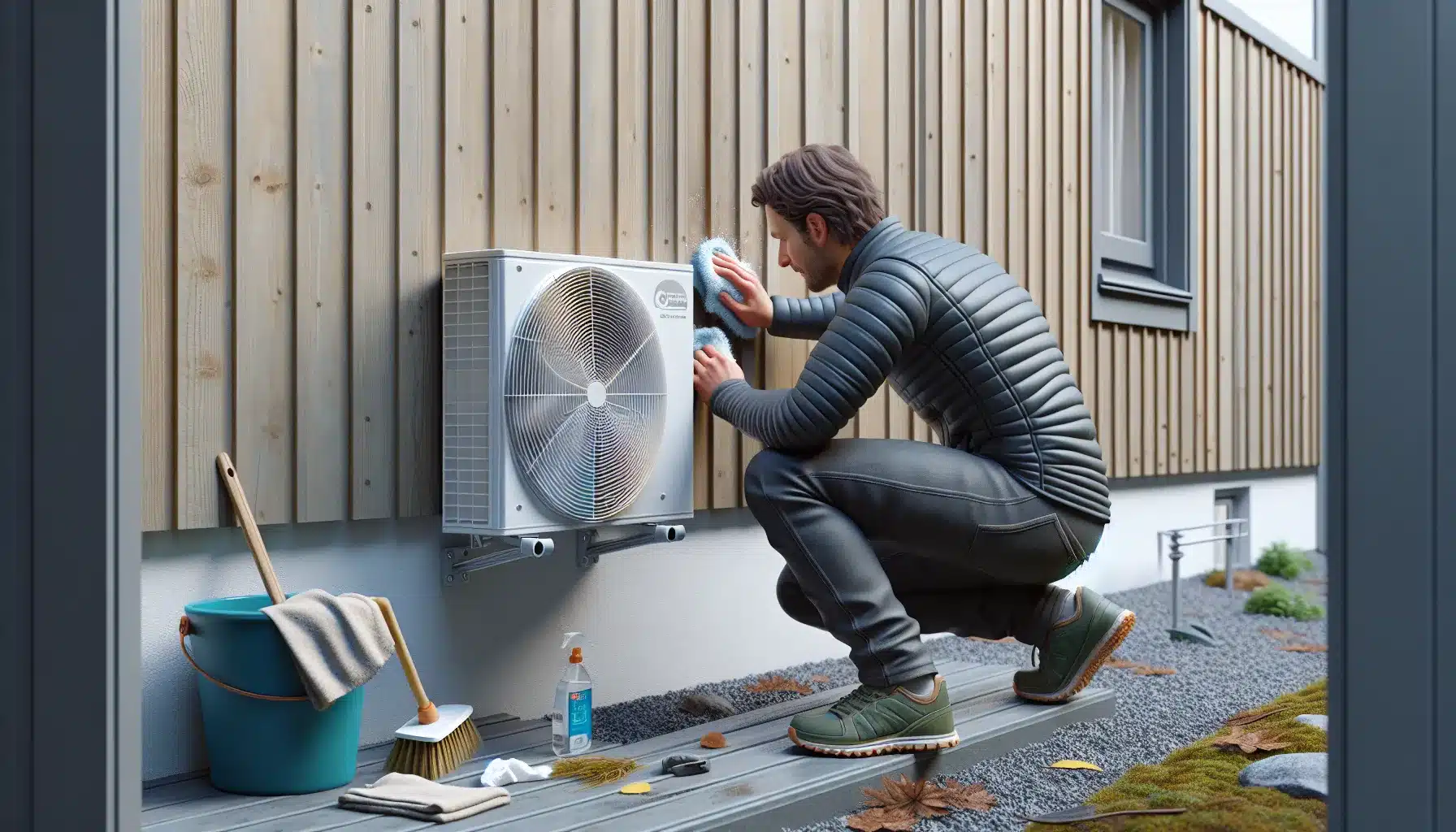 Norwegian homeowner gently cleaning an outdoor heat pump unit with a soft brush
