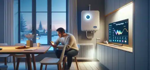 Norwegian homeowner monitoring heat pump energy use in real time on smartphone