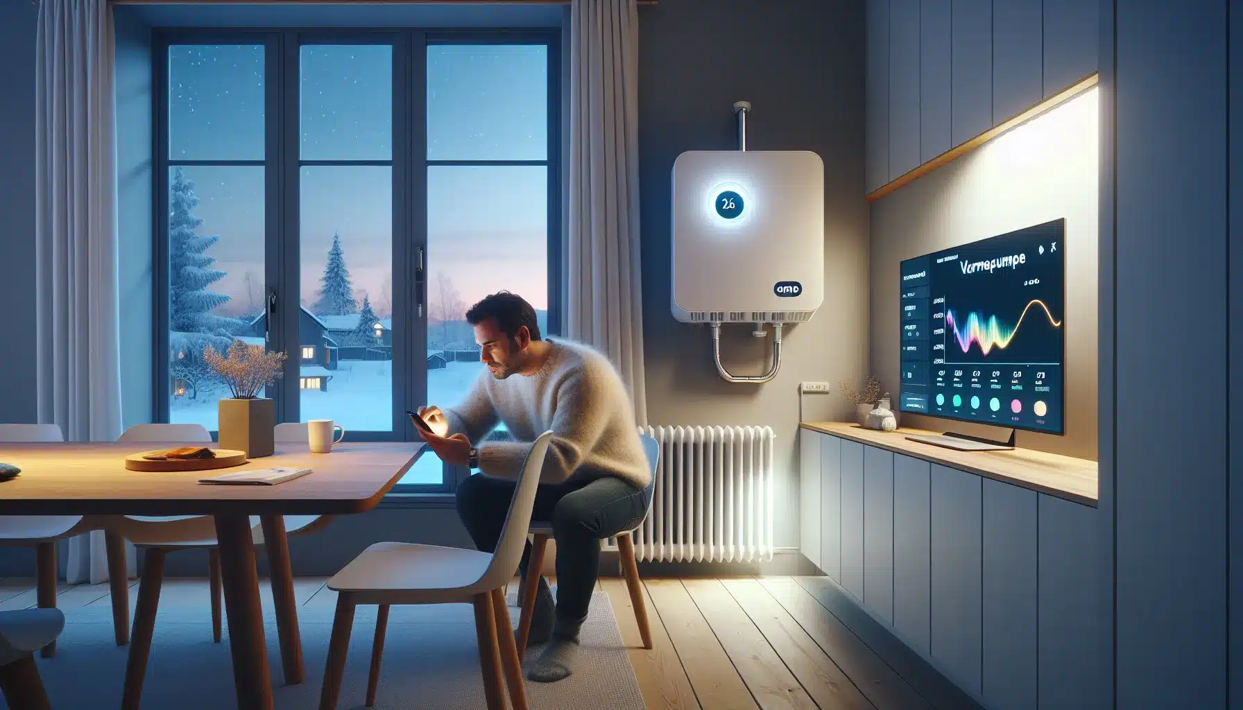 Norwegian homeowner monitoring heat pump energy use in real time on smartphone
