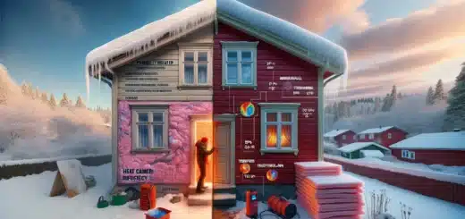 Norwegian house in winter showing poor vs good insulation and heat pump load