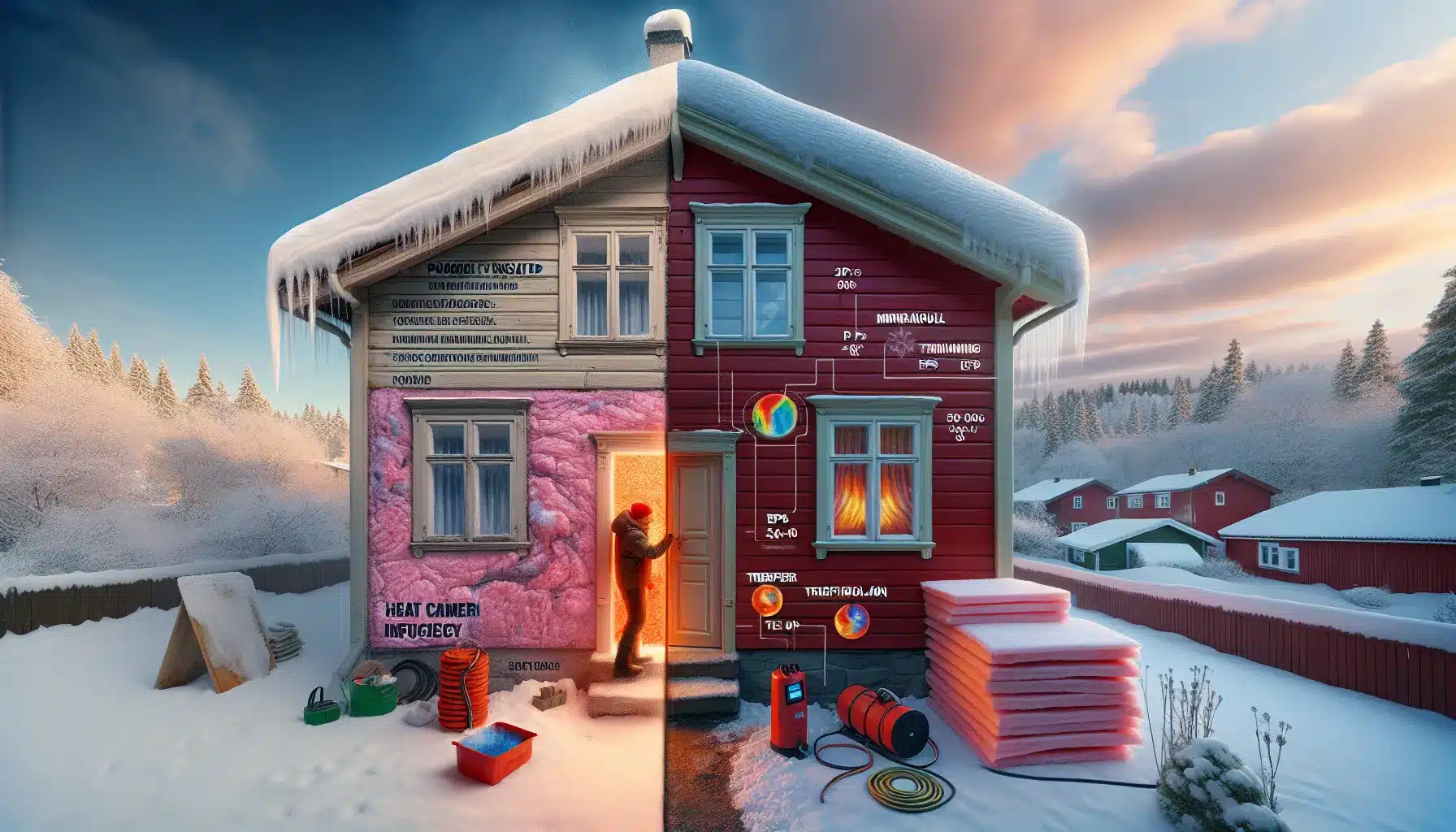 Norwegian house in winter showing poor vs good insulation and heat pump load