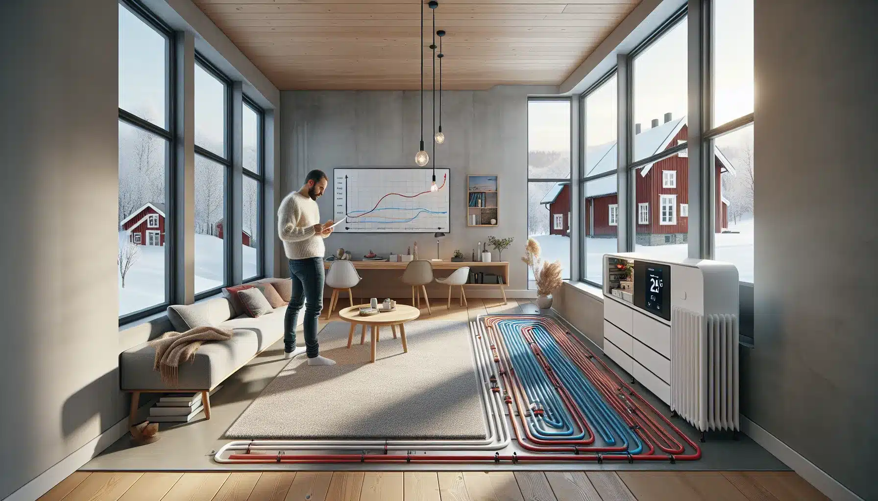 Norwegian living room cutaway showing heat pump with waterborne and electric floor heating
