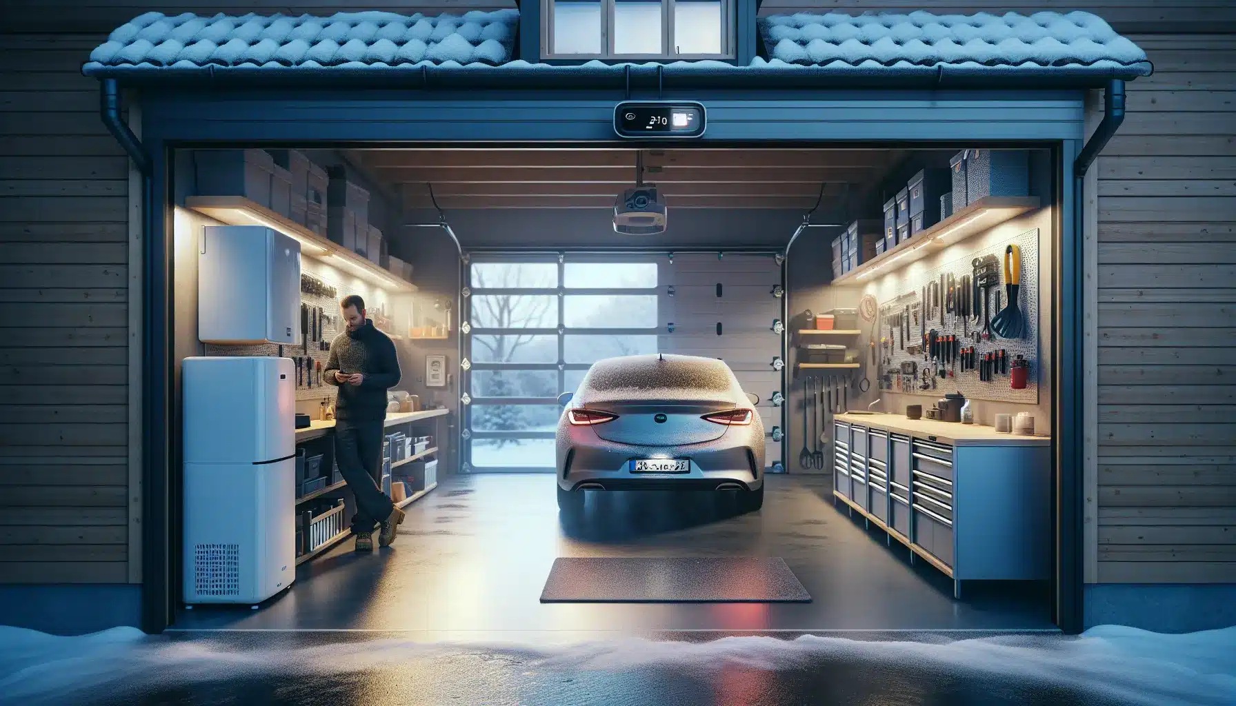 Norwegian man adjusts heat pump in insulated winter garage to cut heating costs