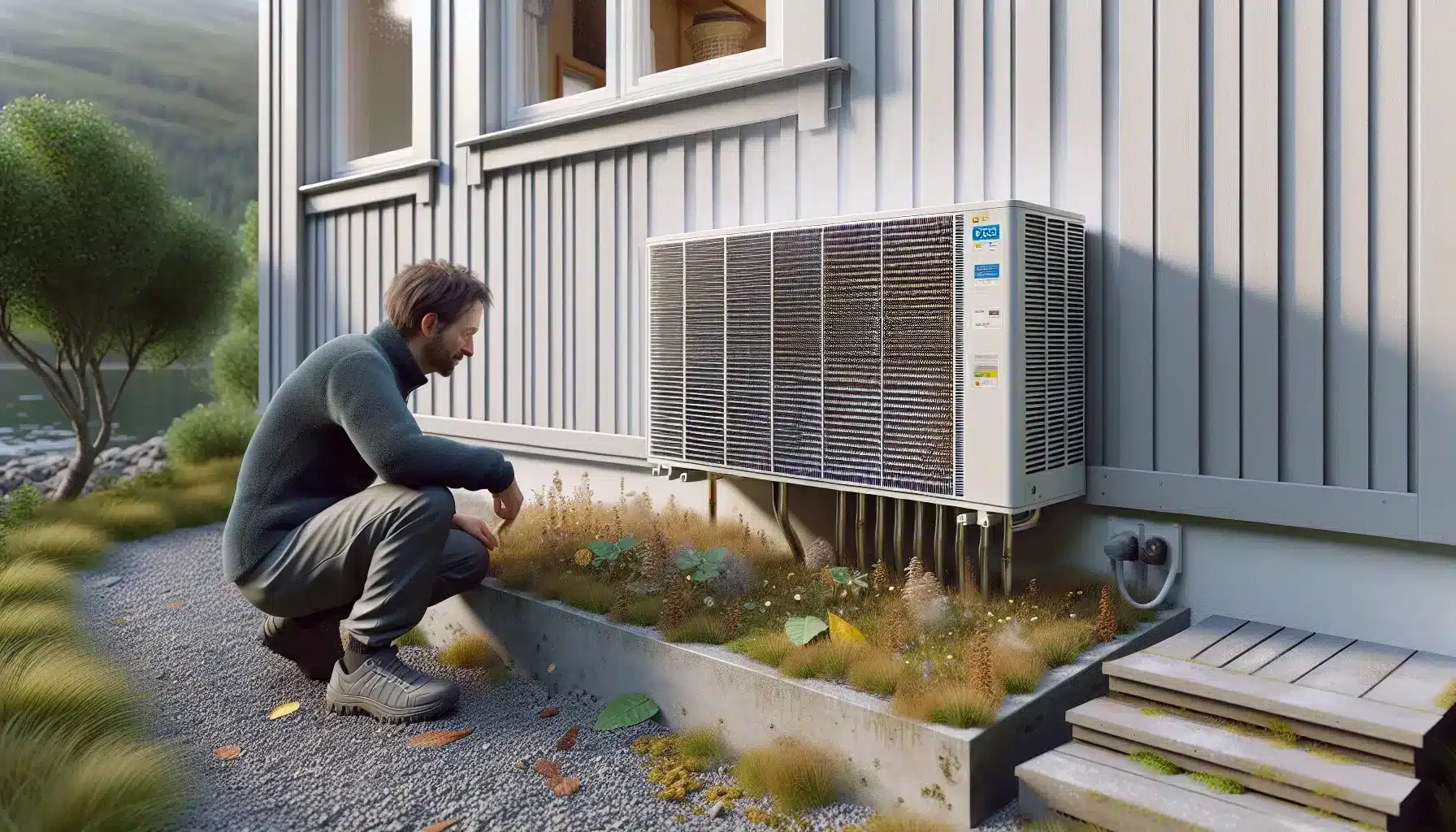 Utedelen p&aring; en varmepumpe st&aring;r ute i alt slags v&aelig;r &ndash; illustrasjon