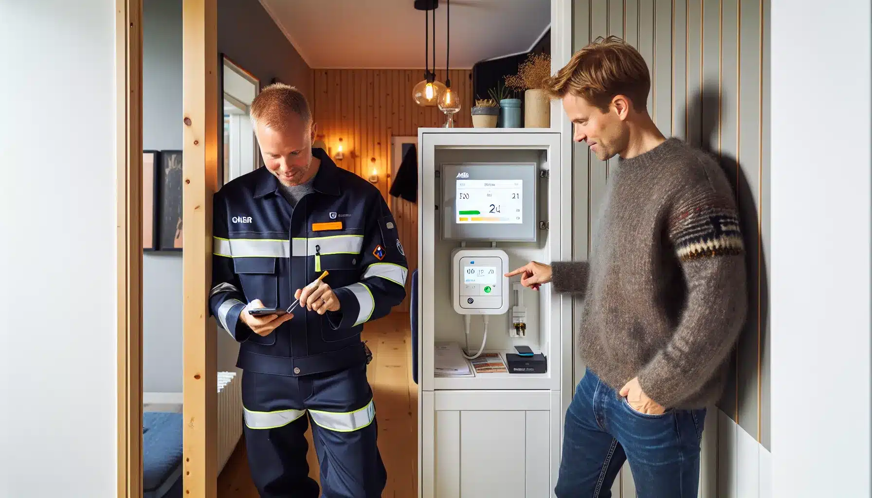 Electrician and homeowner checking a smart meter and app for real-time heat pump use.