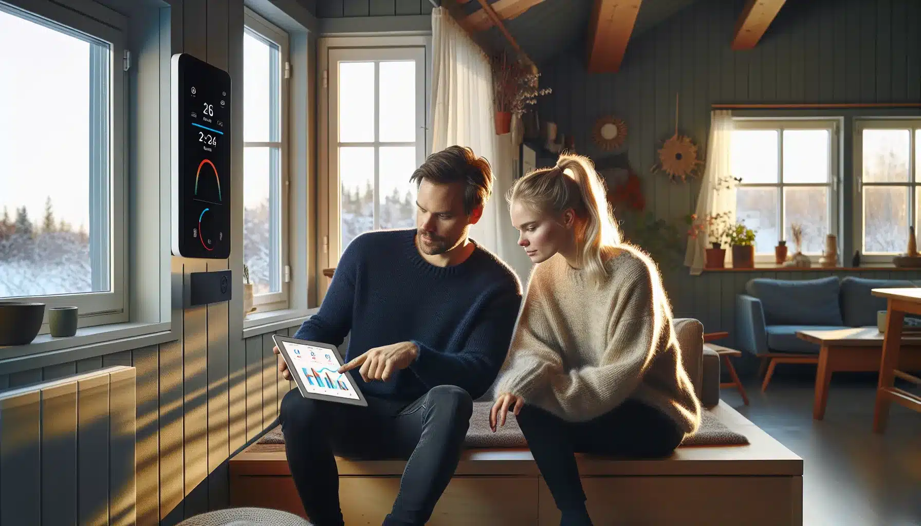 Norwegian couple analyzing real‑time heat pump energy use on a tablet at home.